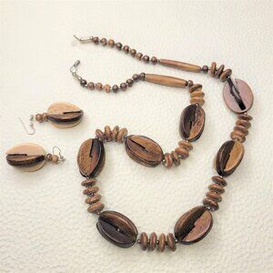 Multidimensional Wooden Spliced Oval Bead Necklace and Earrings Set